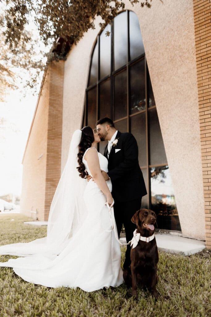 A bride and groom, captured beautifully by an Edinburgh wedding photographer, share a kiss outside a beige building with large arched windows. The bride is in a white dress and veil, while the groom dons a black suit. A brown dog with a white bow sits adorably on the grass in front of them.